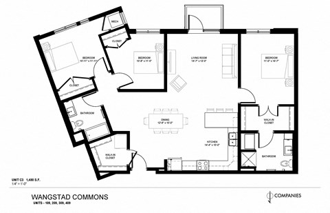 Floor plan for 3 beds, 2 baths, 1480 sqft